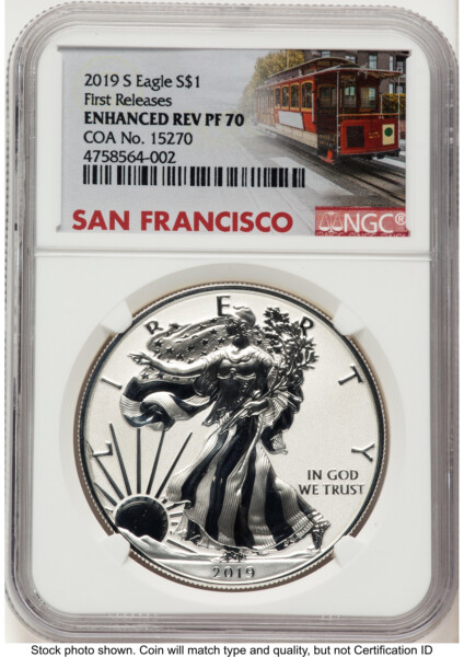 2019-S Enhanced Reverse Proof Silver Eagle 1 oz FR Trolley Label 70 NGC