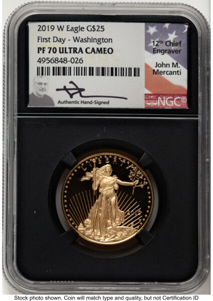 2019-W Proof Gold Eagle 1/2 oz FDI John Mercanti Washington DC Blk Core 70 NGC