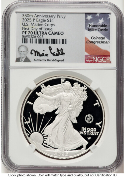 2025-P Proof Silver Eagle Privy U.S. Marine Corps 250th Anniversary 1 oz FDI Mike Castle 70 NGC