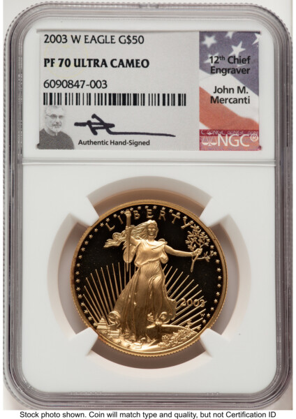2003-W Proof Gold Eagle 1 oz John Mercanti 70 NGC