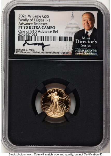 2021-W Type 1 Proof Gold Eagle 1/10 oz AR Ed Moy Mint Director's Series Blk Core 70 NGC