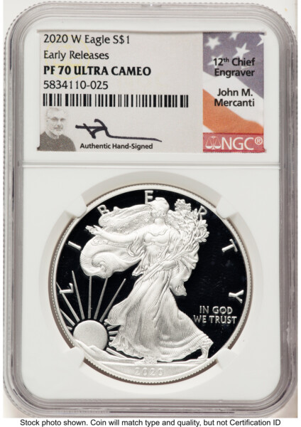 2020-W Proof Silver Eagle 1 oz ER John Mercanti 70 NGC