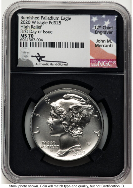 2020-W Palladium Eagle 1 oz Burnished FDI John Mercanti Blk Core 70 NGC