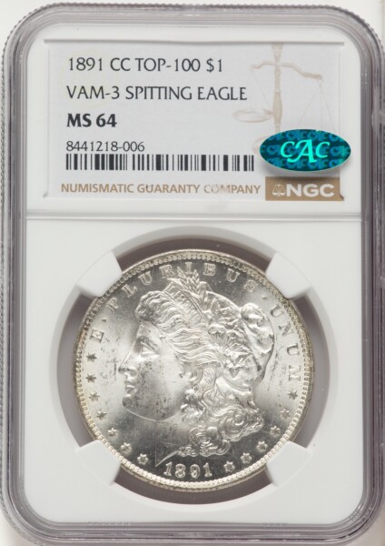 1891-CC $1 VAM-3, Spitting Eagle, MS CAC 64 NGC