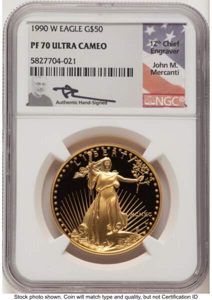 1990-W Proof Gold Eagle 1 oz John Mercanti 70 NGC