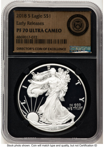 2018-S Proof Silver Eagle 1 oz ER Gold Foil Director's Coin of Excellence Blk Core 70 NGC