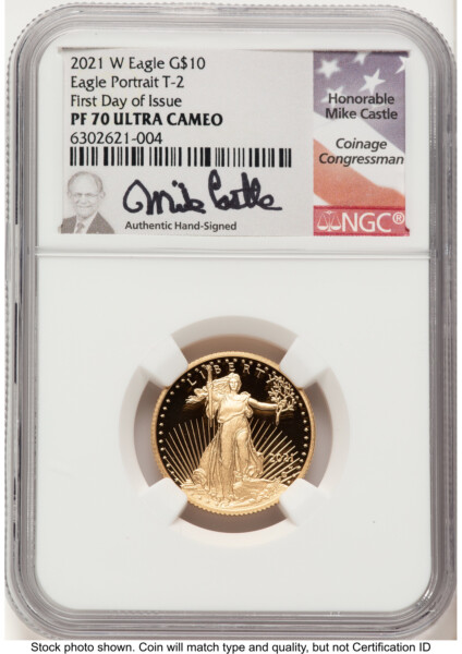2021-W Type 2 Proof Gold Eagle 1/4 oz FDI Mike Castle 70 NGC