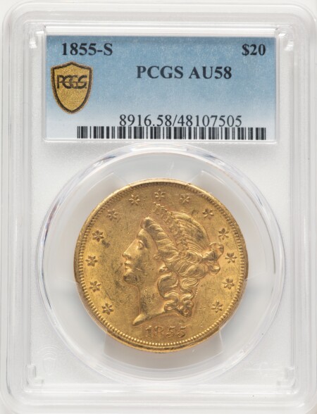 1855-S $20 PCGS Secure Blue Gradient 58 PCGS