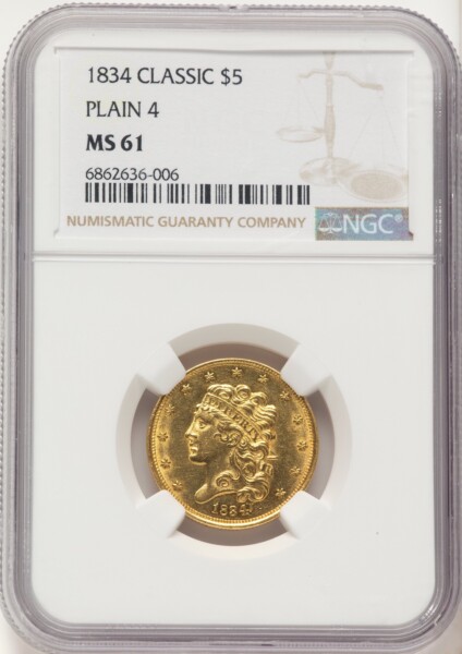 1834 $5 PLAIN 4, MS 61 NGC