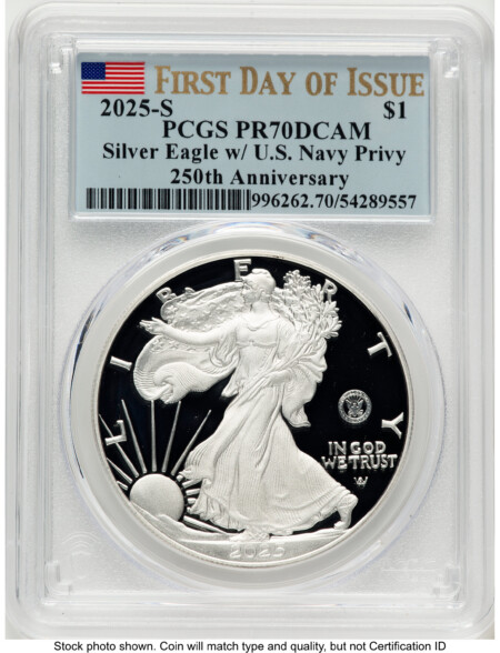 2025-S Proof Silver Eagle Privy U.S. Navy 250th Anniversary 1 oz FDI Flag 70 PCGS