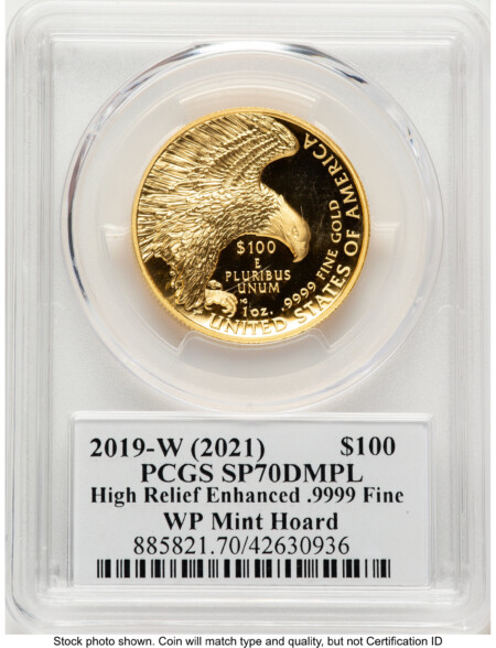 2019-W G$100 American Liberty High Relief, Enhanced, DMPL WP Mint Hoard Emily Damstra 70 PCGS