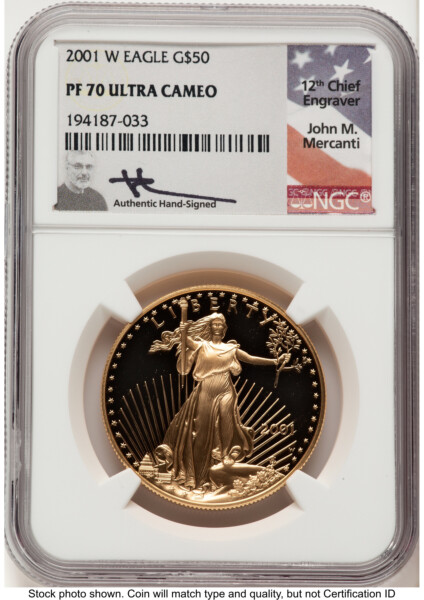 2001-W Proof Gold Eagle 1 oz John Mercanti 70 NGC