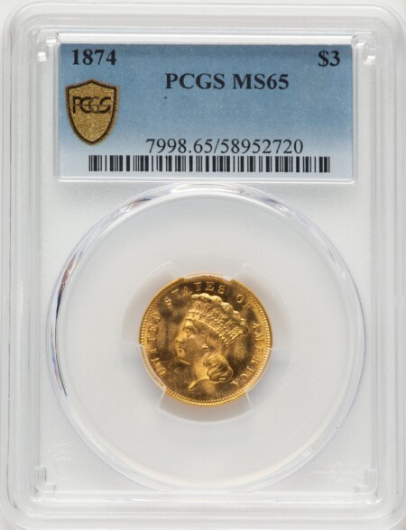 1874 $3 PCGS Secure 65 PCGS