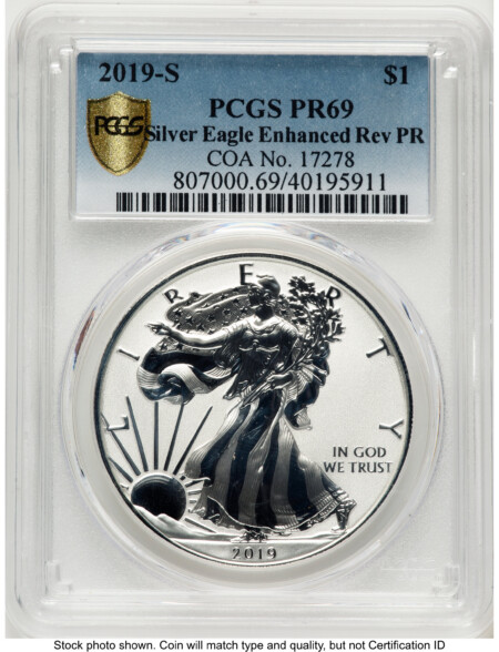 2019-S Enhanced Reverse Proof Silver Eagle 1 oz Blue Gradient 69 PCGS