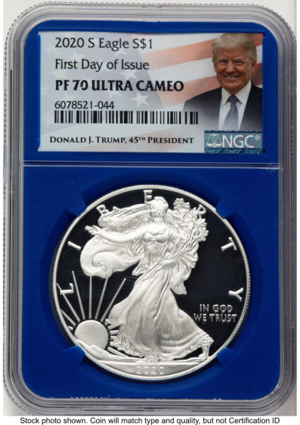 2020-S Proof Silver Eagle 1 oz FDI Trump Label Blue Core 70 NGC