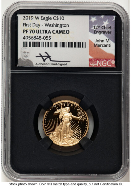 2019-W Proof Gold Eagle 1/4 oz FDI John Mercanti Washington DC Blk Core 70 NGC