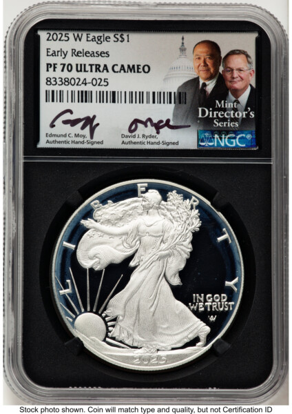 2025-W Proof Silver Eagle 1 oz ER Ed Moy/David J Ryder Mint Director's Series Blk Core 70 NGC