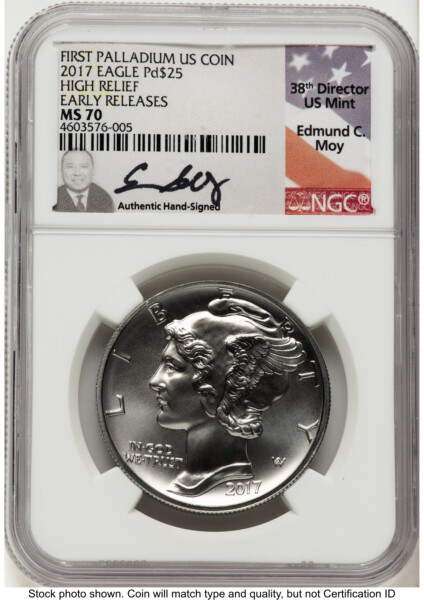 2017 Palladium Eagle 1 oz, MS ER Ed Moy Flag 70 NGC