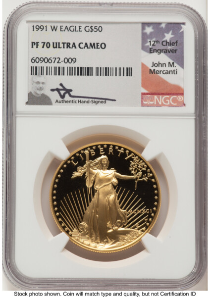 1991-W Proof Gold Eagle 1 oz John Mercanti 70 NGC
