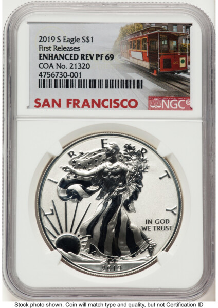 2019-S Enhanced Reverse Proof Silver Eagle 1 oz FR Trolley Label 69 NGC