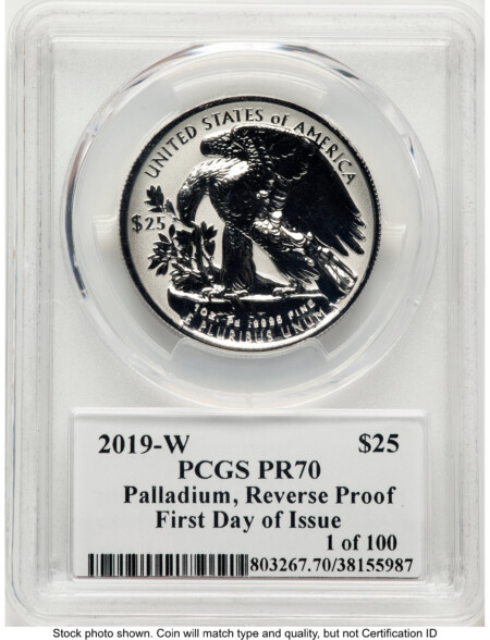 2019-W Palladium Eagle 1 oz, REV PR FDI John Mercanti 70 PCGS