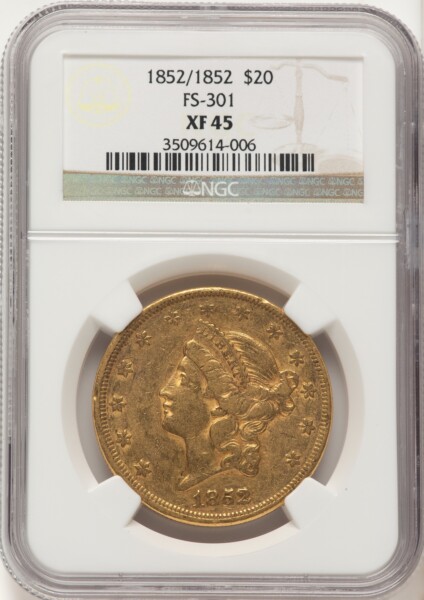 1852 $20 FS-301, MS Brown Label 45 NGC