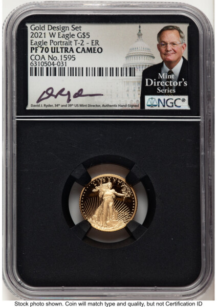2021-W Type 2 Proof Gold Eagle 1/10 oz ER David J Ryder Mint Director's Series Blk Core 70 NGC