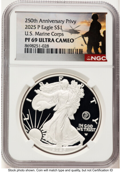 2025-P Proof Silver Eagle Privy U.S. Marine Corps 250th Anniversary 1 oz US Army Helicopter Label 69 NGC