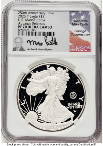 2025-P Proof Silver Eagle Privy U.S. Marine Corps 250th Anniversary 1 oz AR Mike Castle 70 NGC