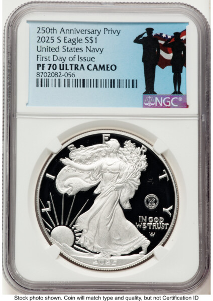 2025-S Proof Silver Eagle Privy U.S. Navy 250th Anniversary 1 oz FDI Military Honor Blue 70 NGC