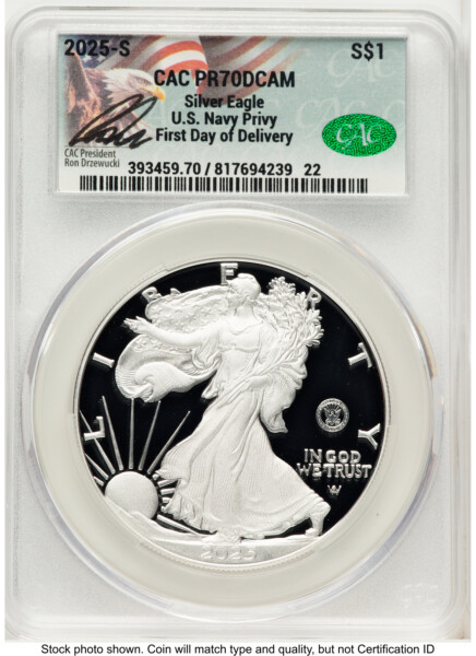 2025-S Proof Silver Eagle Privy U.S. Navy 250th Anniversary 1 oz First Day of Delivery Ron Drzewuki 70 CACG