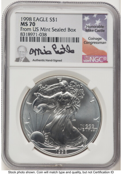 1998 Silver Eagle Mike Castle From US Mint Sealed Box 70 NGC