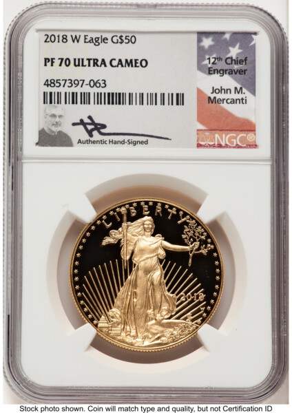 2018-W Proof Gold Eagle 1 oz John Mercanti 70 NGC