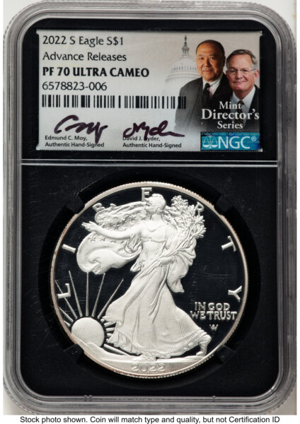 2022-S Proof Silver Eagle 1 oz AR Ed Moy/David J Ryder Mint Director's Series Blk Core 70 NGC