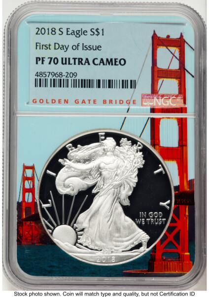 2018-S Proof Silver Eagle 1 oz FDI San Francisco Golden Gate Bridge Core/Label 70 NGC