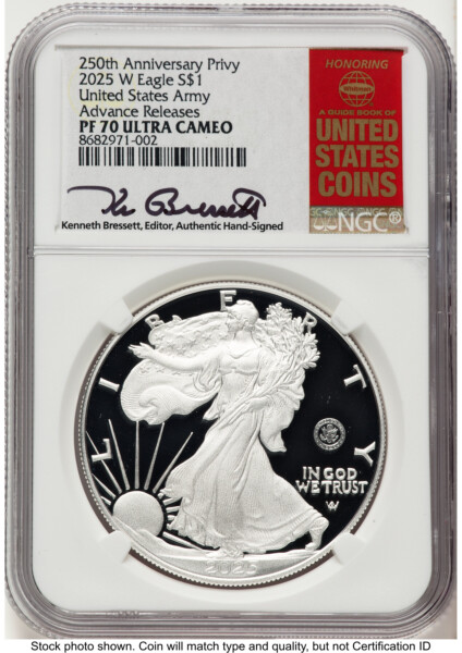 2025-W Proof Silver Eagle Privy U.S. Army 250th Anniversary 1 oz AR Kenneth Bressett Red Book 70 NGC