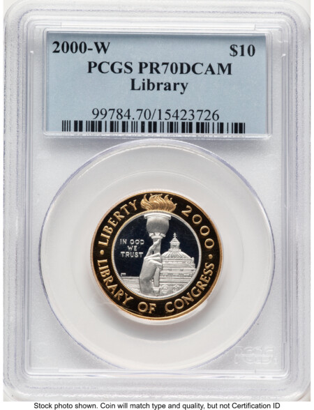 2000-W $10 Library of Congress Bi-Metallic Gold 0.2509 oz and Platinum 0.2509 oz, PR Blue Label 70 PCGS