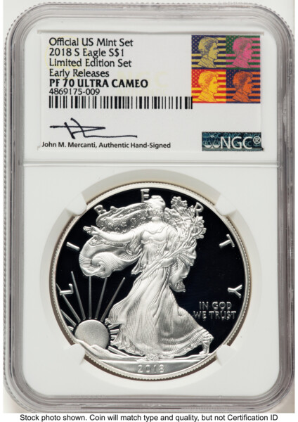 2018-S Proof Silver Eagle Limited Edition Proof Set 1 oz ER John Mercanti Reagan Bust Art 70 NGC