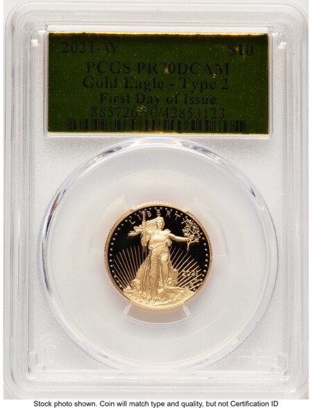 2021-W Type 2 Proof Gold Eagle 1/4 oz FDI Gold Foil 70 PCGS
