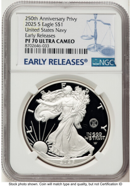 2025-S Proof Silver Eagle Privy U.S. Navy 250th Anniversary 1 oz ER Blue 70 NGC