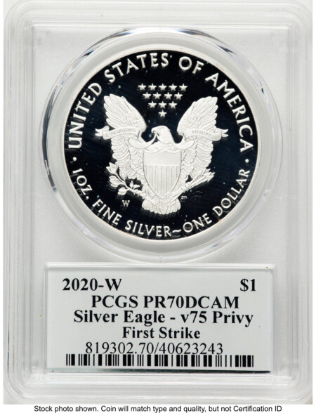 2020-W Proof Silver Eagle V75 Privy 1 oz FS V75 Label 70 PCGS