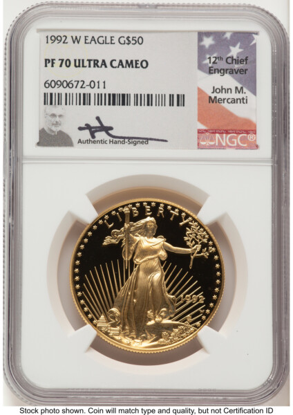 1992-W Proof Gold Eagle 1 oz John Mercanti 70 NGC