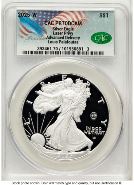 2025-W Proof Silver Eagle Privy Laser Engraved 1 oz Advanced Delivery Louis Palafoutas 70 CACG