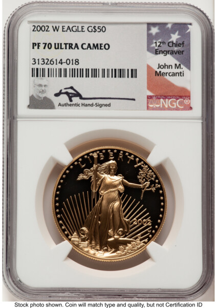2002-W Proof Gold Eagle 1 oz John Mercanti 70 NGC