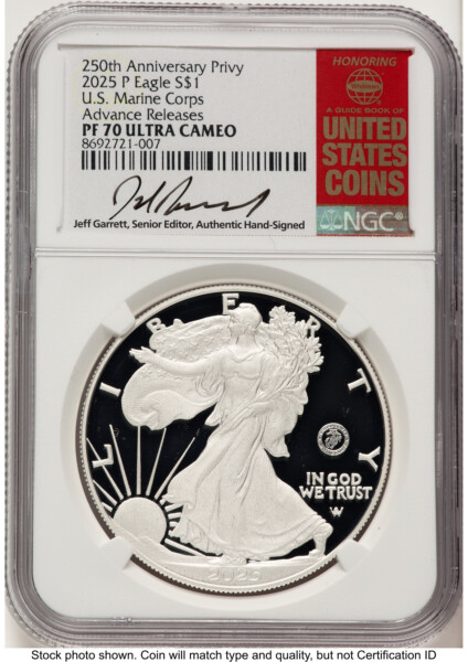 2025-P Proof Silver Eagle Privy U.S. Marine Corps 250th Anniversary 1 oz AR Jeff Garrett Red Book 70 NGC