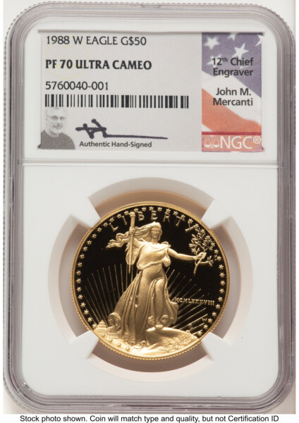 1988-W Proof Gold Eagle 1 oz John Mercanti 70 NGC
