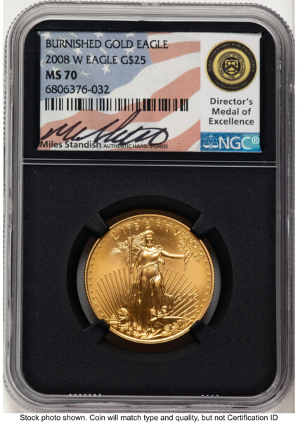 2008-W Burnished Gold Eagle 1/2 oz Miles Standish Blk Core 70 NGC