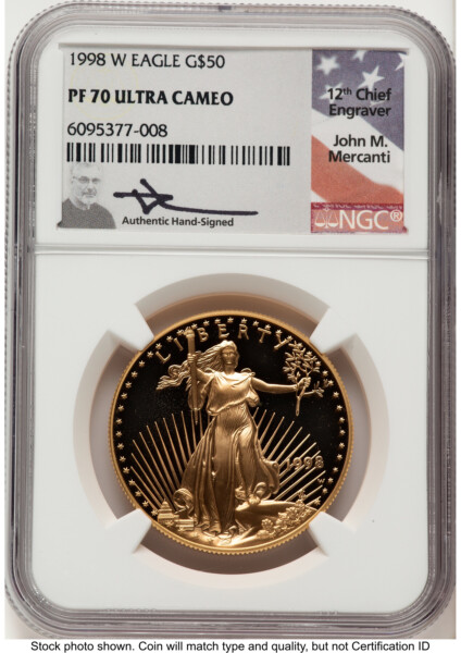 1998-W Proof Gold Eagle 1 oz John Mercanti 70 NGC