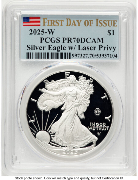 2025-W Proof Silver Eagle Privy Laser Engraved 1 oz FDI Flag 70 PCGS