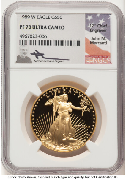 1989-W Proof Gold Eagle 1 oz John Mercanti 70 NGC